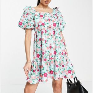 NWT Puff Sleeve Floral Mini Dress Blue Colorful Tiered